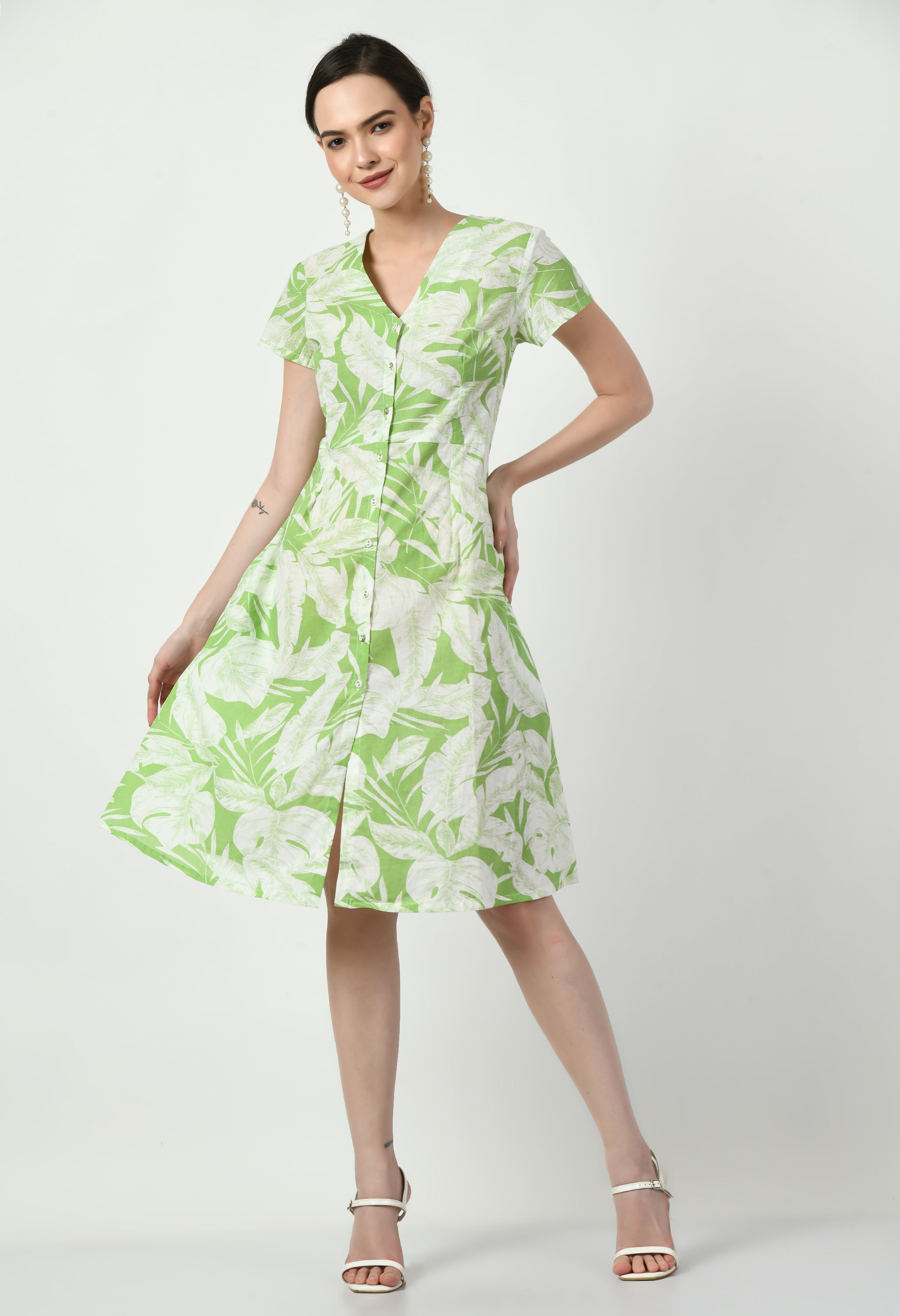 Green and White Short Dress | Green Mini Dress For Women